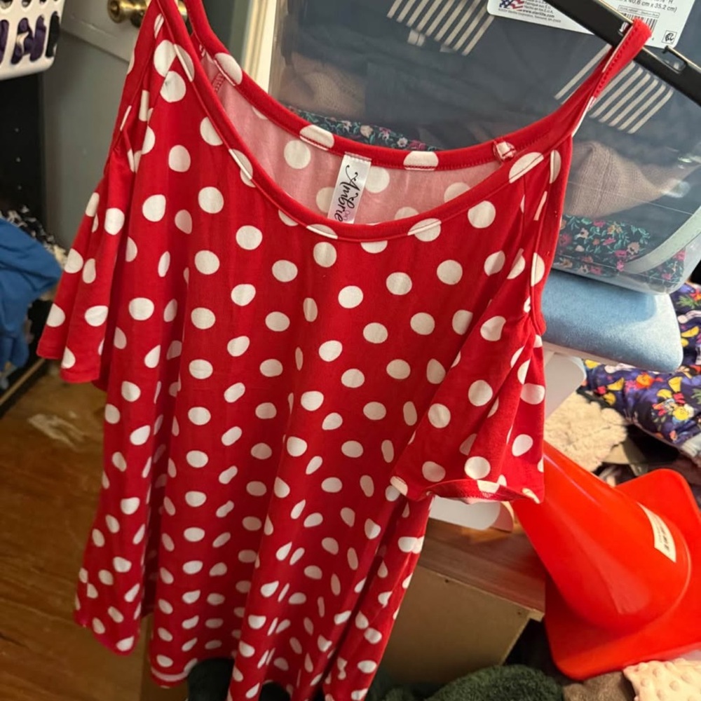 Red Polka Dot Off-Shoulder Top - ambrie Disney Minnie women’s shirt